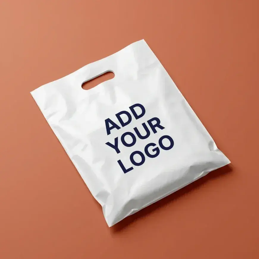 White branded polybag with a die-cut handle and printed logo